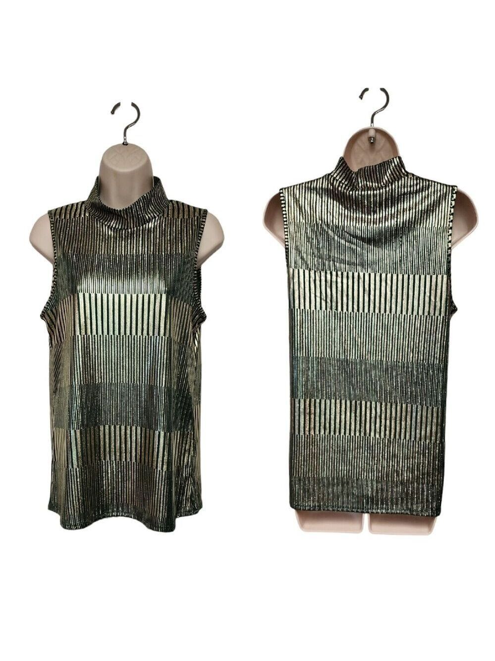 ESPRESSO LA Metallic Sleeveless Stand-Up Collar Tunic Top Gold & Green Size M